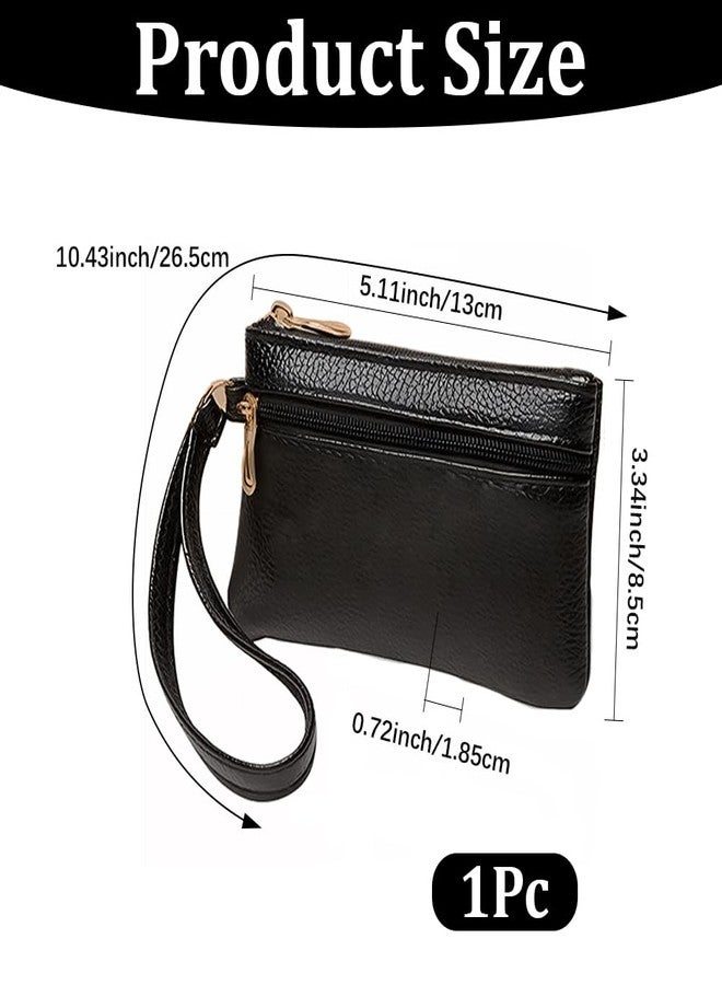 CALFOVERA Slim Wristlet Keychain Wallet with Zipper PU Leather Double Layer Coin Pouch Holder Portable Wrist Strap Change Purse Leather Cash Organizer Case for Men Women Travel Credit Card(Black) - Image 2